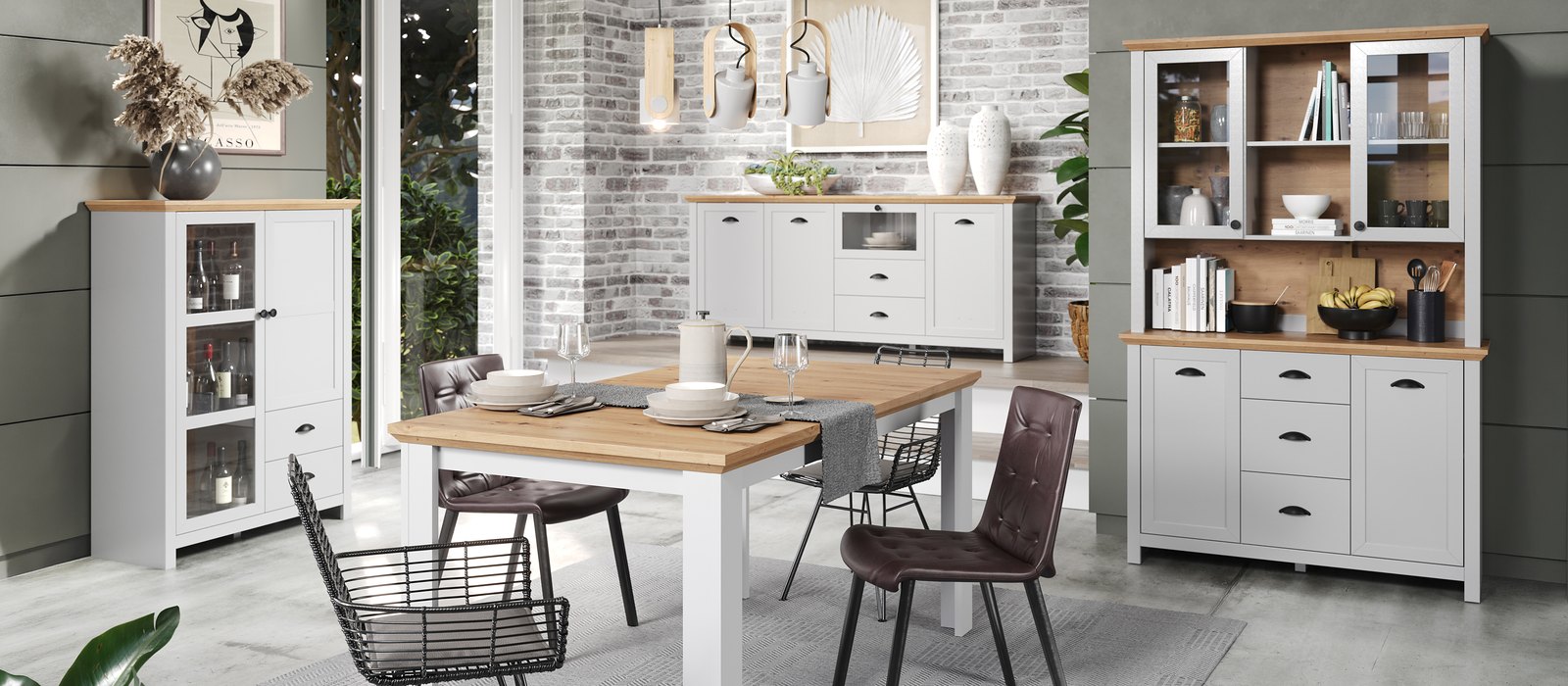 Landside dining room in white with oak tops: dining table, display cabinet, sideboard and buffet hutch